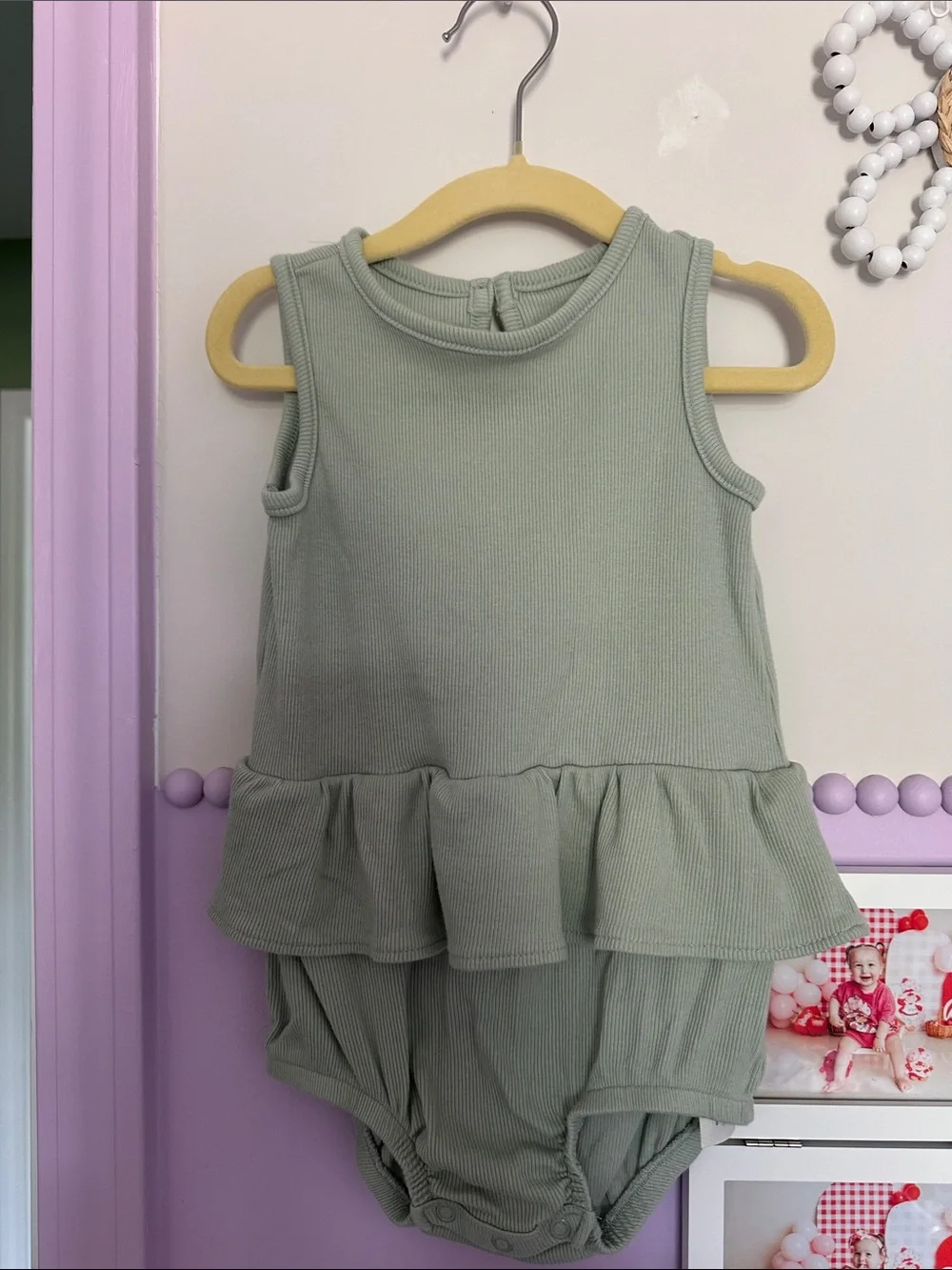 Carter's Sage Green Ribbed Ruffle One-Piece